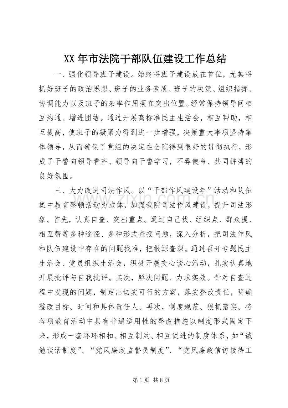 XX年市法院干部队伍建设工作总结 .docx_第1页