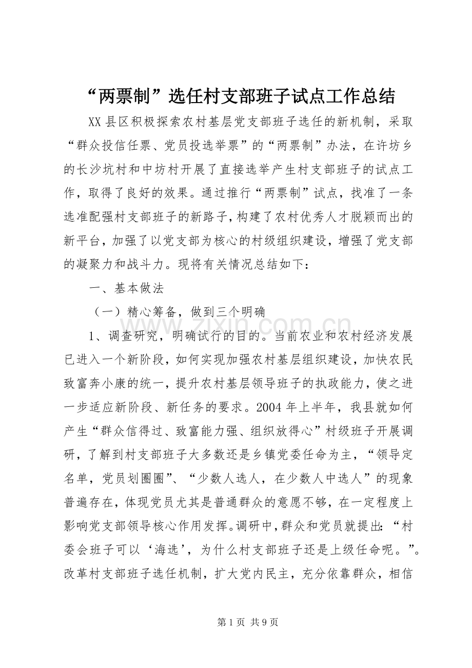 “两票制”选任村支部班子试点工作总结 .docx_第1页
