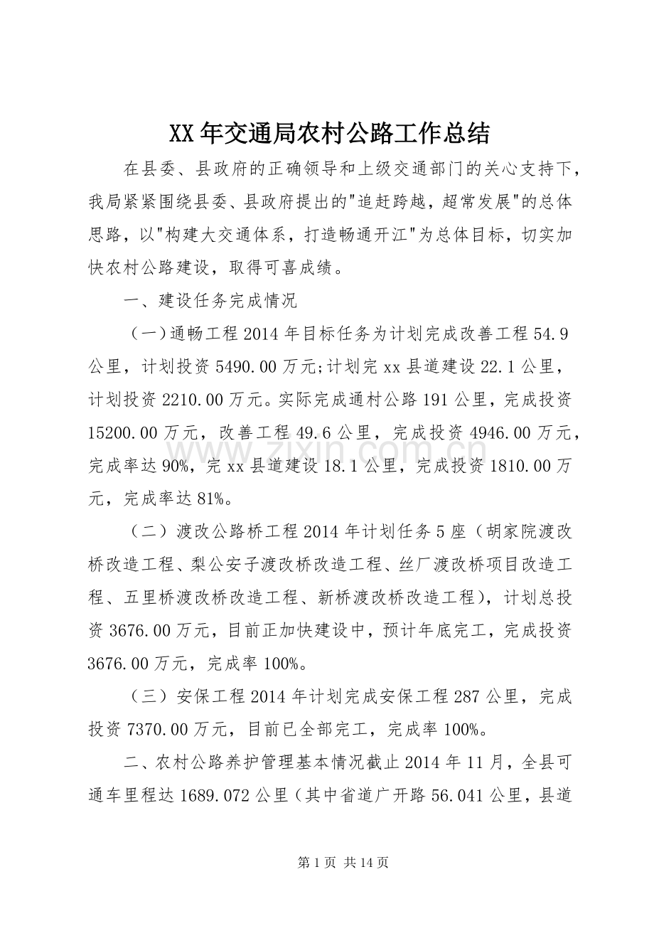 XX年交通局农村公路工作总结 .docx_第1页