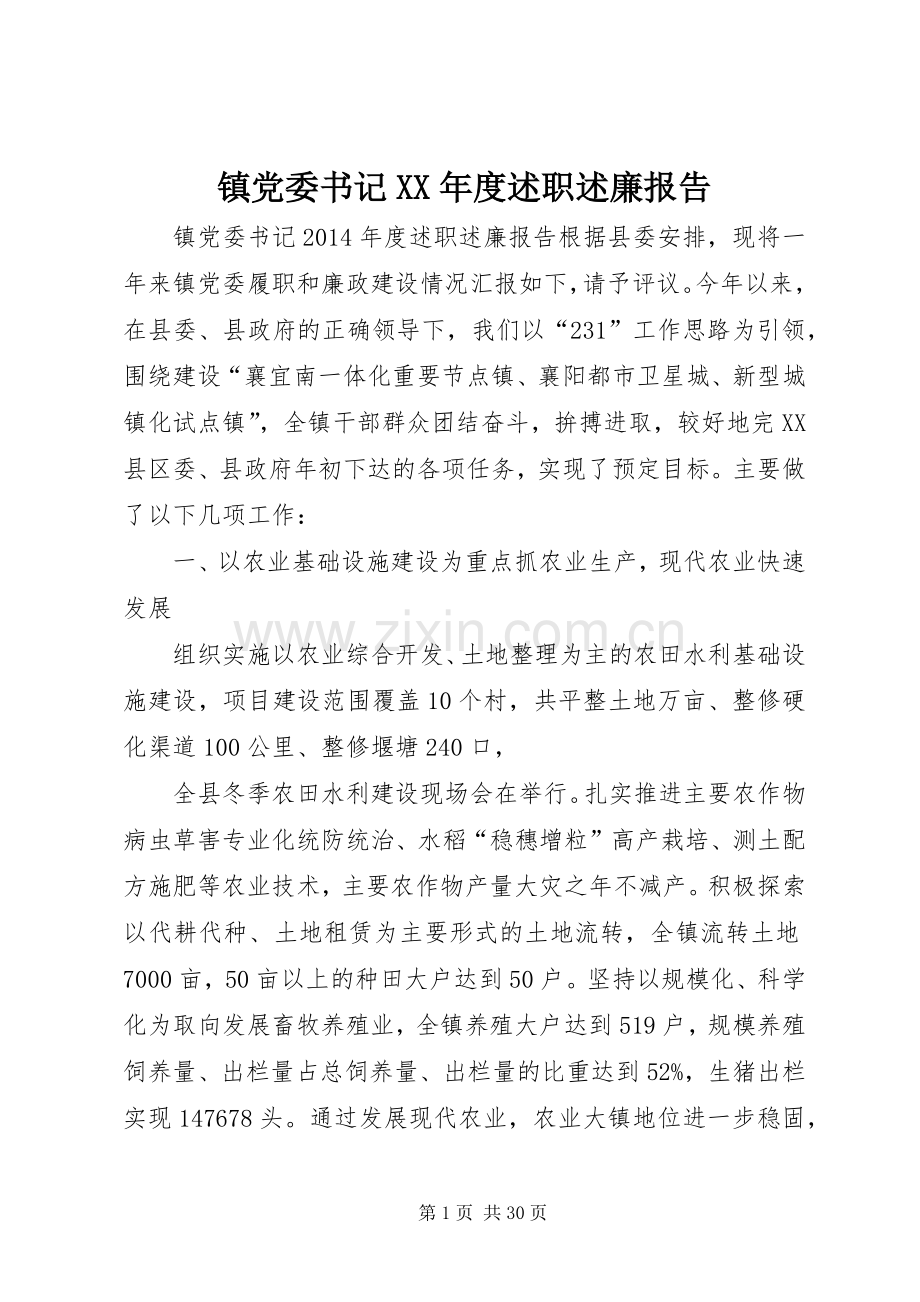 镇党委书记XX年度述职述廉报告.docx_第1页