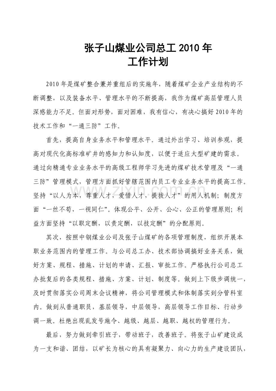 张子山煤业公司总工程XXXX年工作方案.docx_第1页
