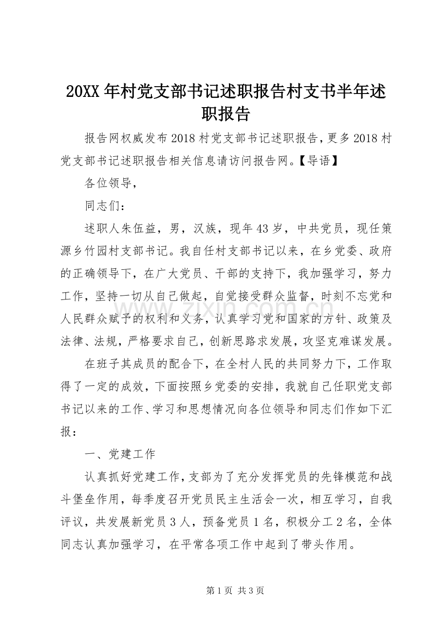 20XX年村党支部书记述职报告村支书半年述职报告.docx_第1页
