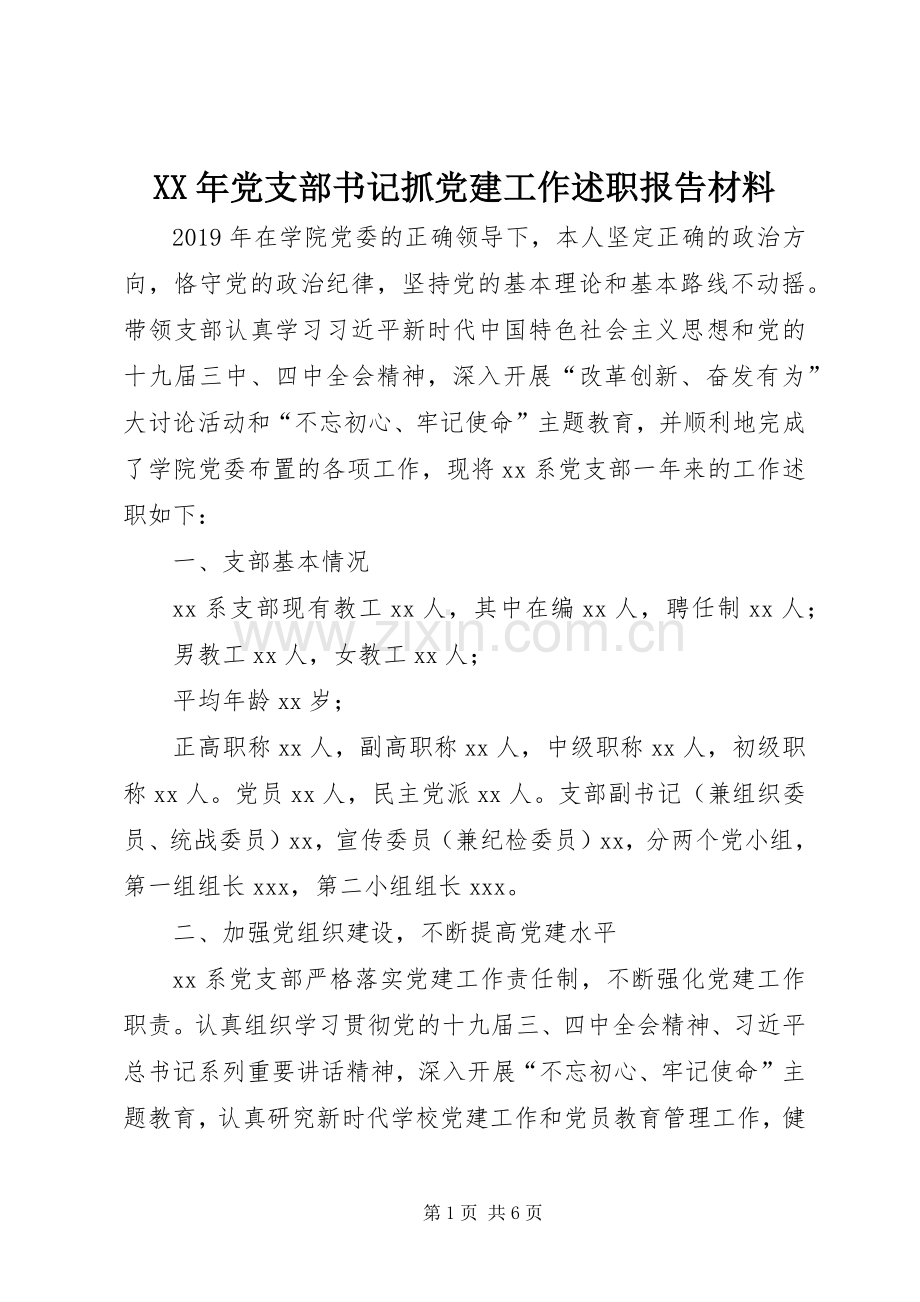 XX年党支部书记抓党建工作述职报告材料.docx_第1页