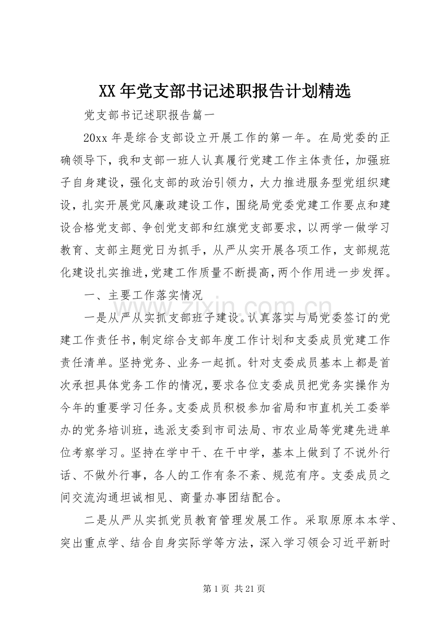 XX年党支部书记述职报告计划.docx_第1页