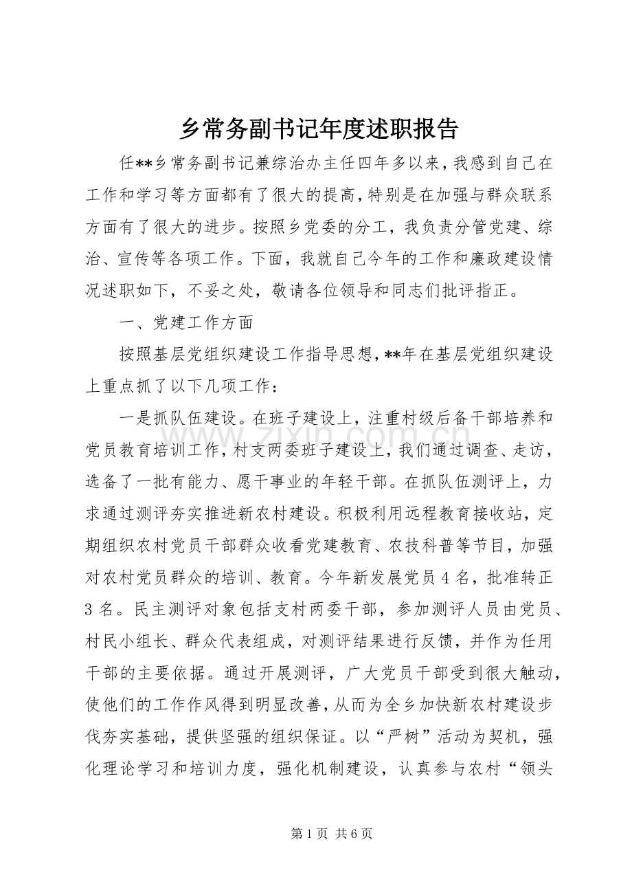 乡常务副书记年度述职报告.docx_第1页