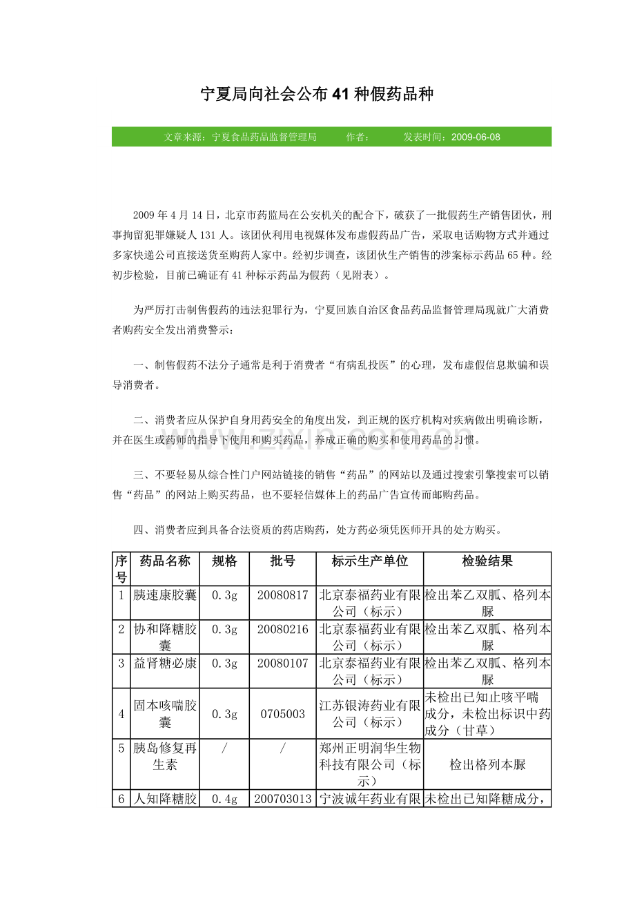 宁夏局向社会公布41种假药品种.docx_第1页