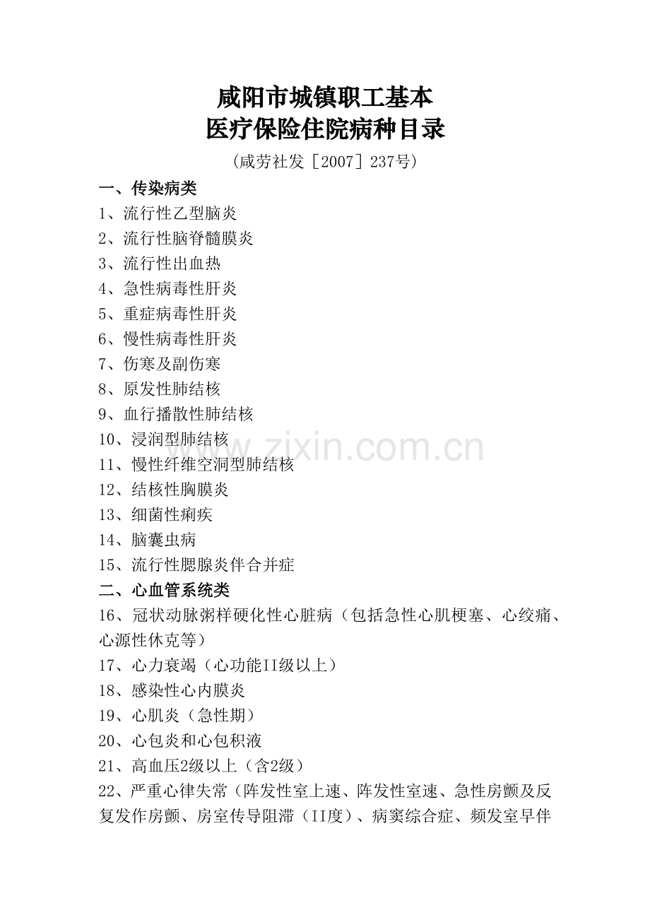 咸阳市城镇职工基本医疗保险住院病种目录.docx_第1页