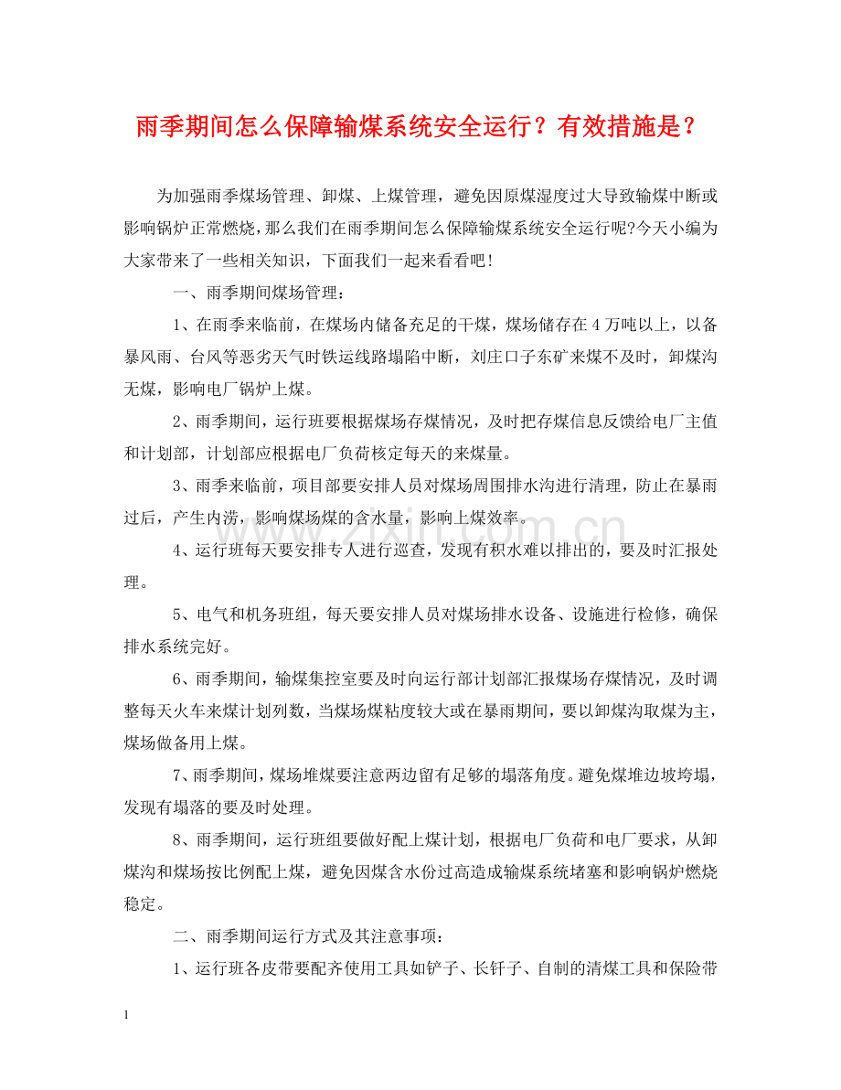 雨季期间怎么保障输煤系统安全运行？有效措施是？ .doc_第1页