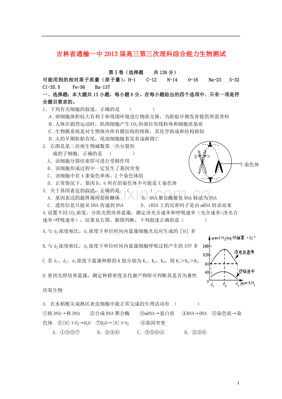 吉林省白城市2013届高三理综第三次能力测试(生物试部分)题新人教版.doc_第1页