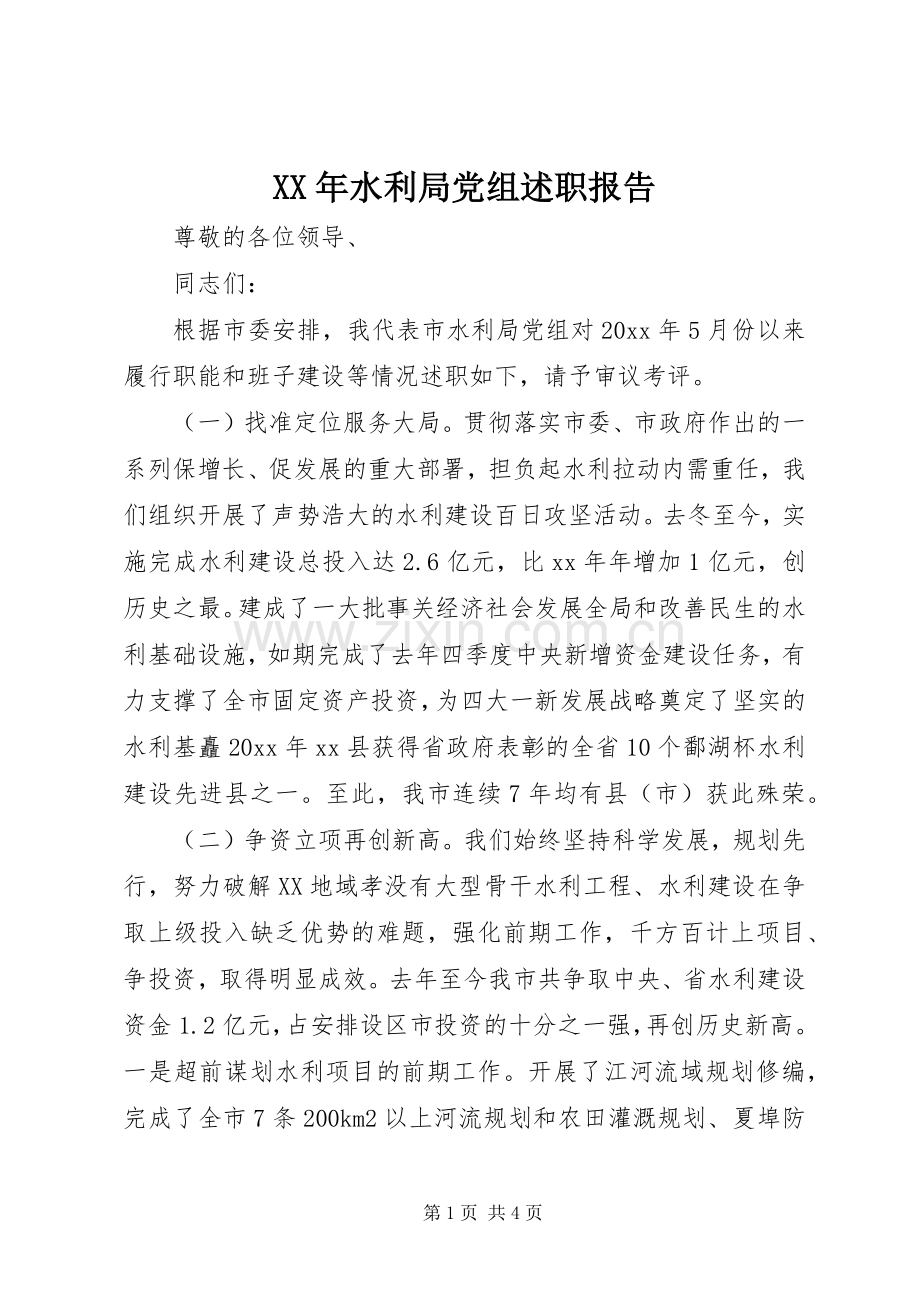 XX年水利局党组述职报告.docx_第1页