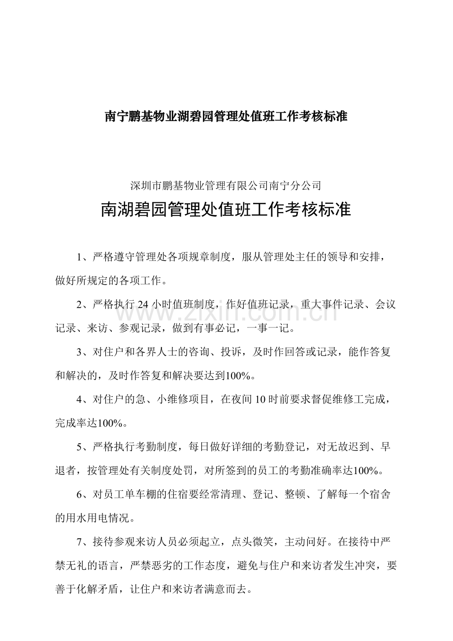 南宁鹏基物业湖碧园管理处值班工作考核标准.docx_第1页