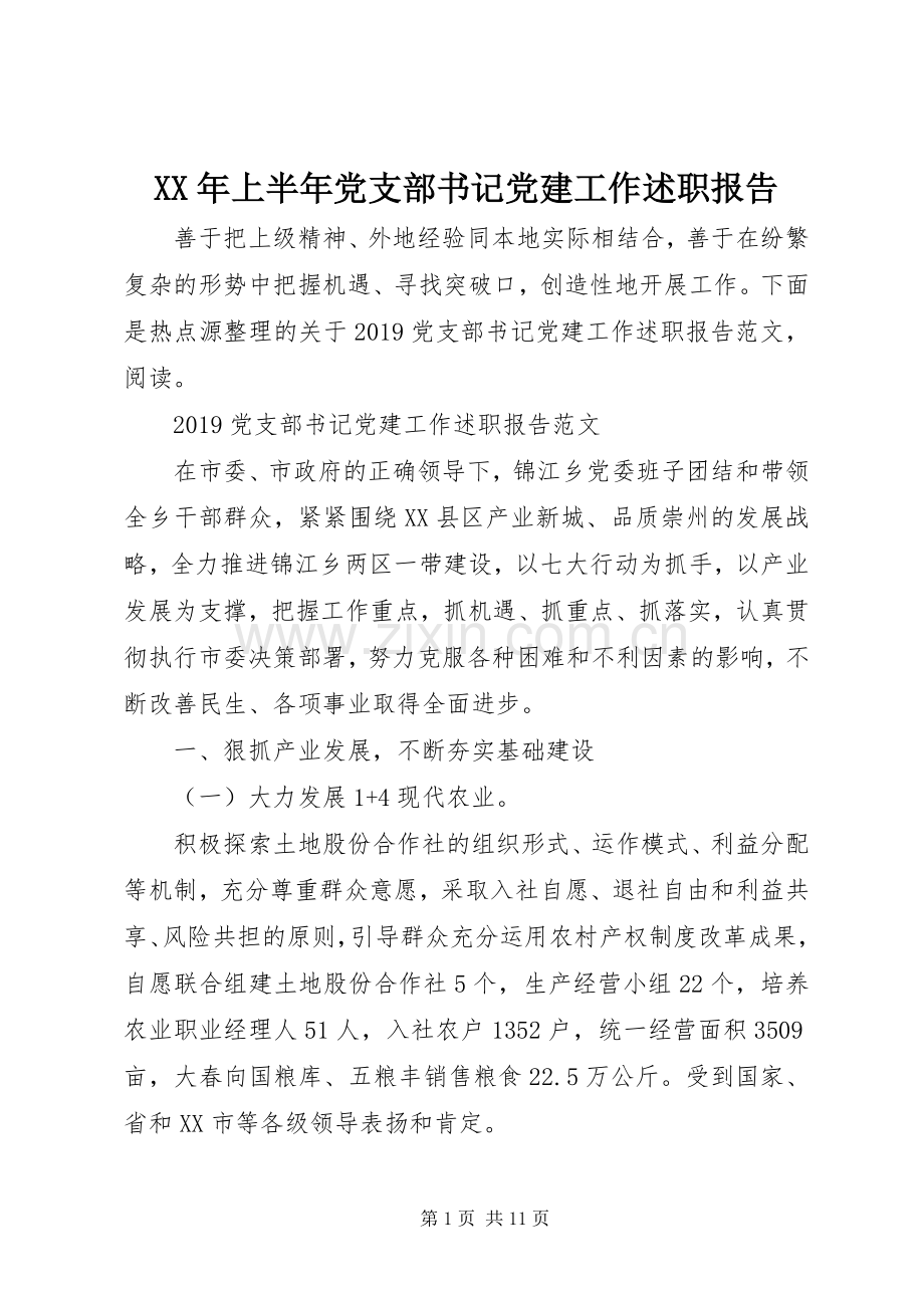 XX年上半年党支部书记党建工作述职报告.docx_第1页