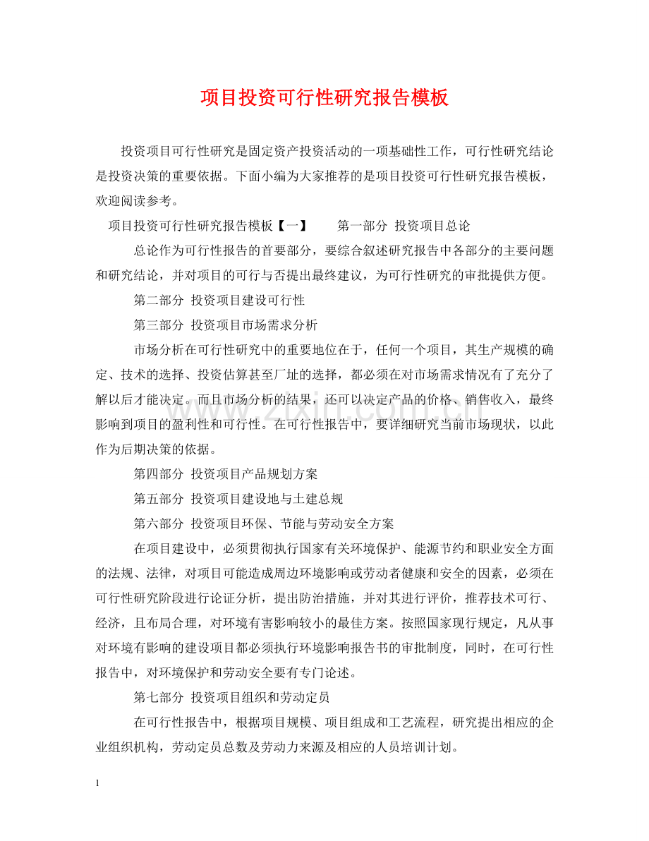 项目投资可行性研究报告模板 .doc_第1页