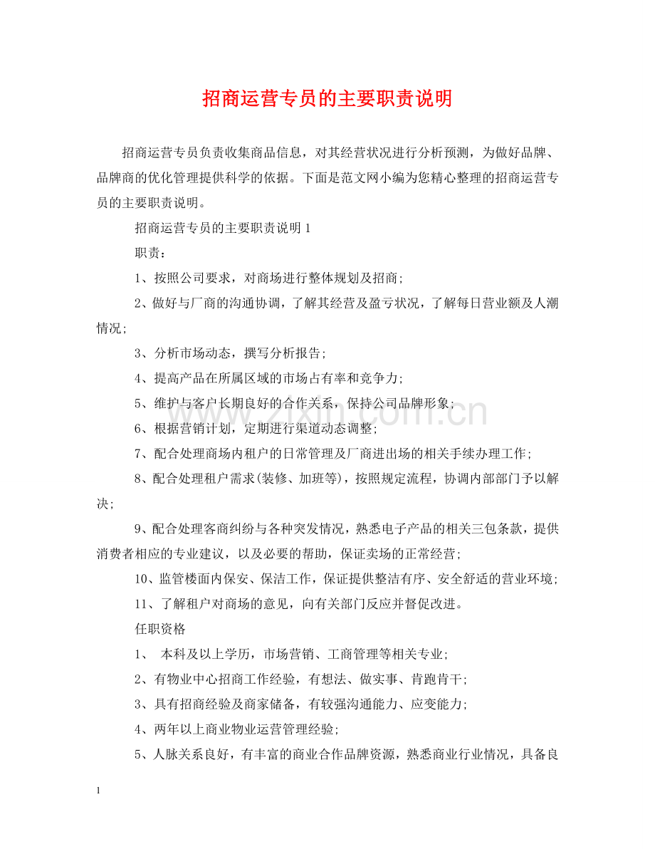 招商运营专员的主要职责说明 .doc_第1页