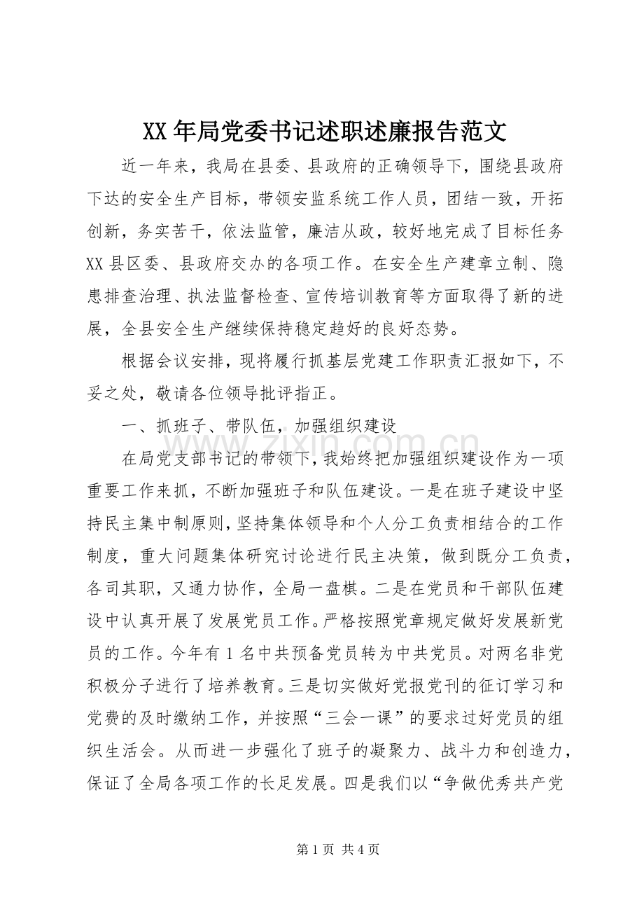 XX年局党委书记述职述廉报告范文.docx_第1页