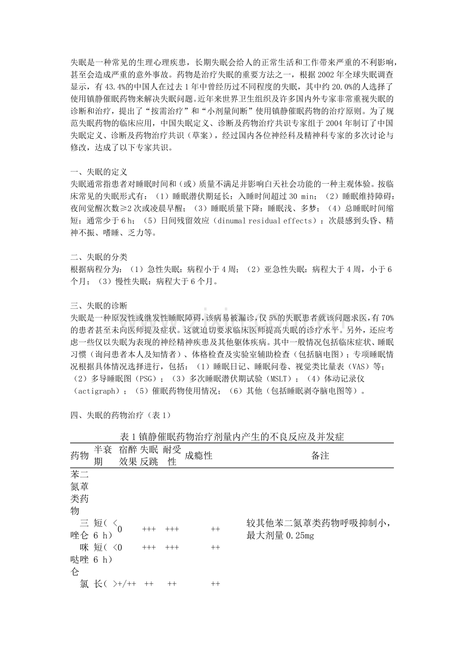 失眠定义、诊断及药物治疗专家共识（草案）.docx_第1页