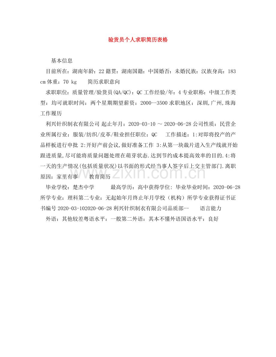 验货员个人求职简历表格 .doc_第1页