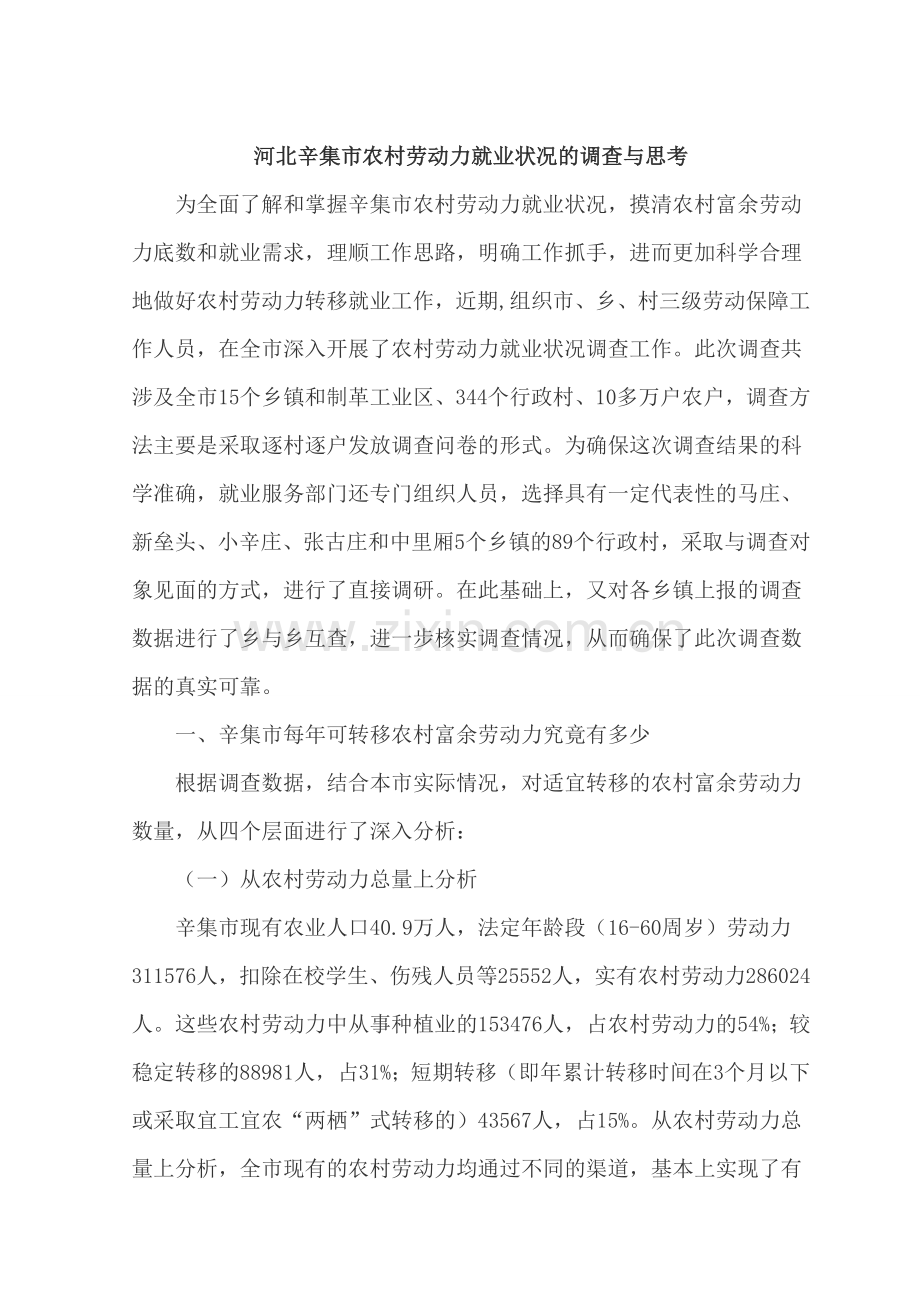 河北辛集市农村劳动力就业状况的调查与思考.doc_第1页