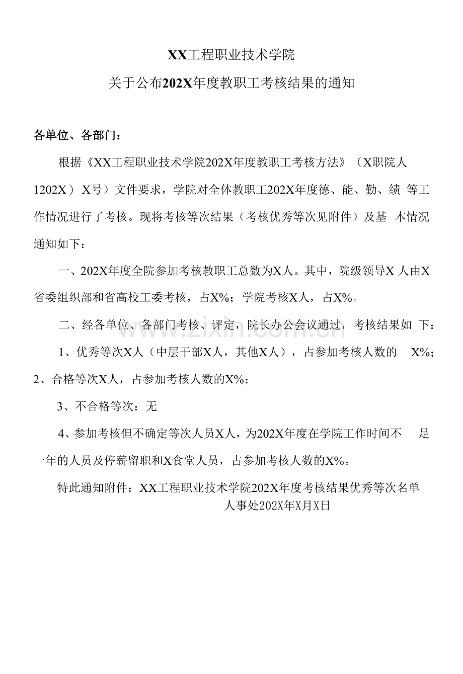 XX工程职业技术学院关于公布202X年度教职工考核结果的通知.docx_第1页