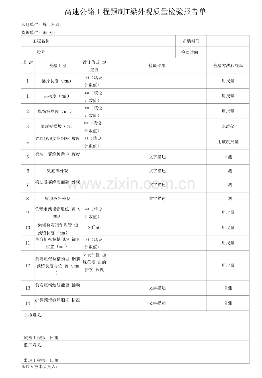 高速公路工程预制T梁外观质量检验报告单.docx_第1页