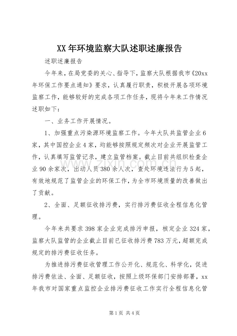 XX年环境监察大队述职述廉报告.docx_第1页