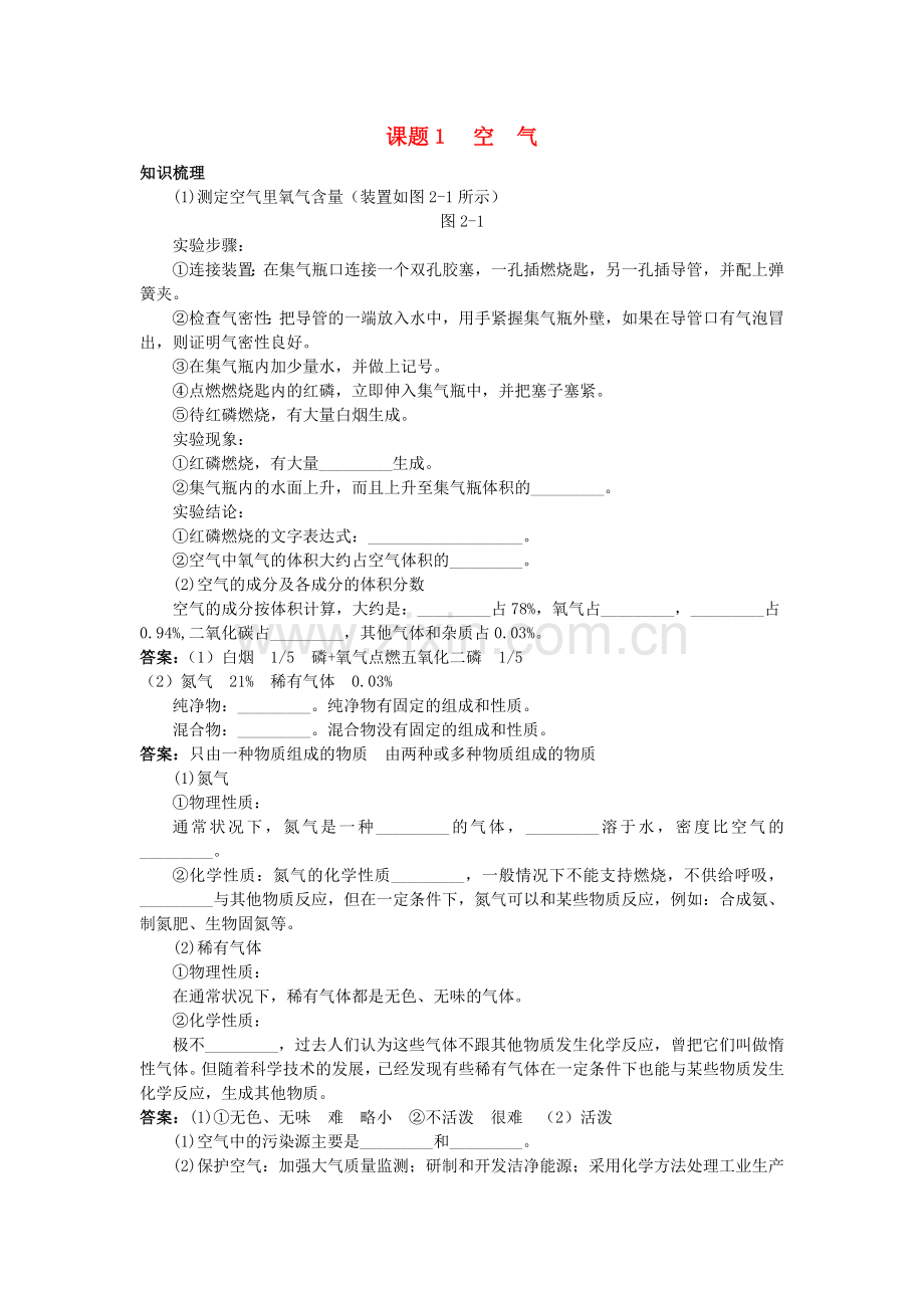 中考化学考点知识梳理与疑难突破 第二单元课题1 空气.doc_第1页