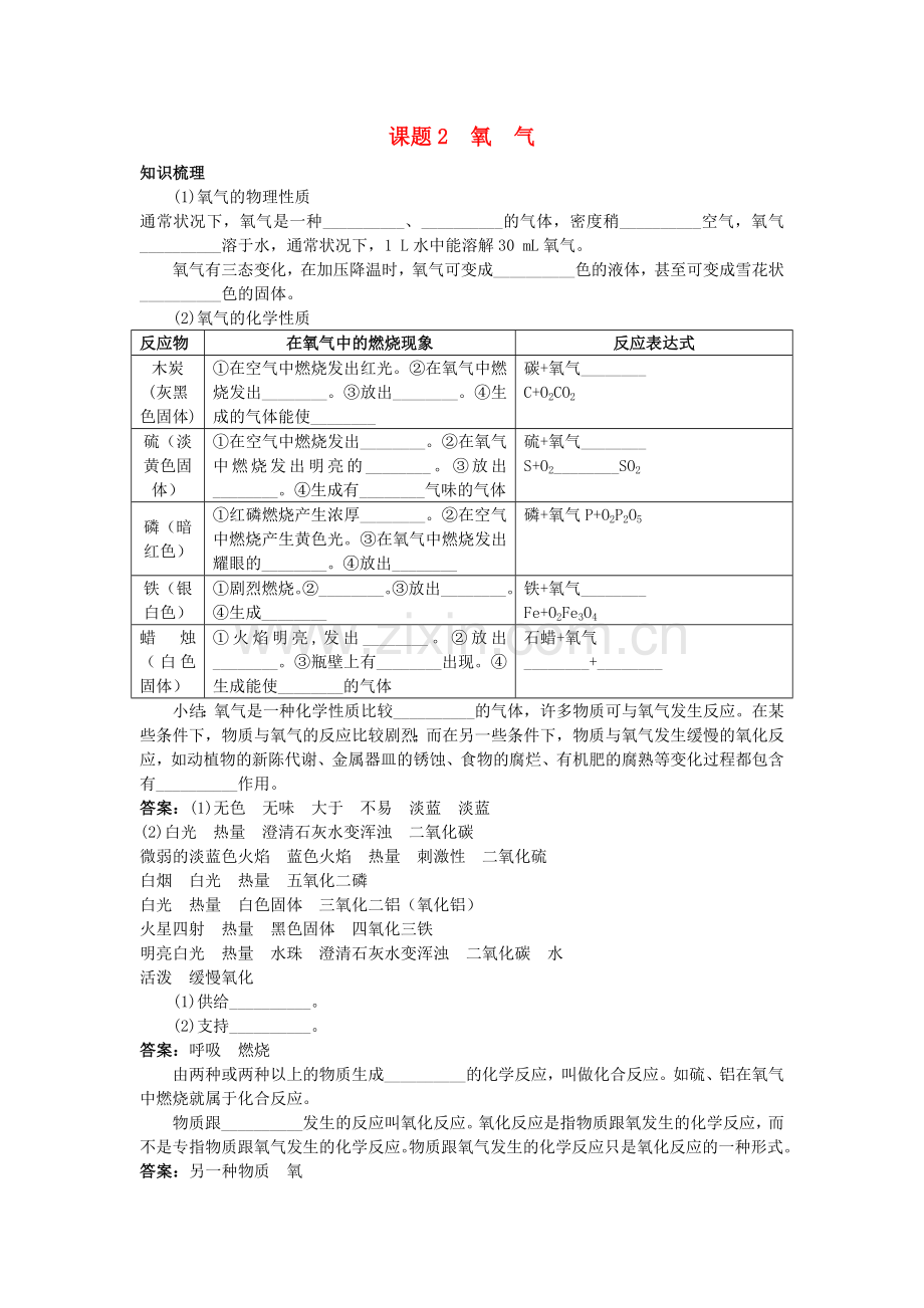 中考化学考点知识梳理与疑难突破 第二单元课题2 氧 气.doc_第1页