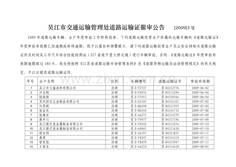 吴江市交通运输管理处道路运输证催审公告.docx_第1页