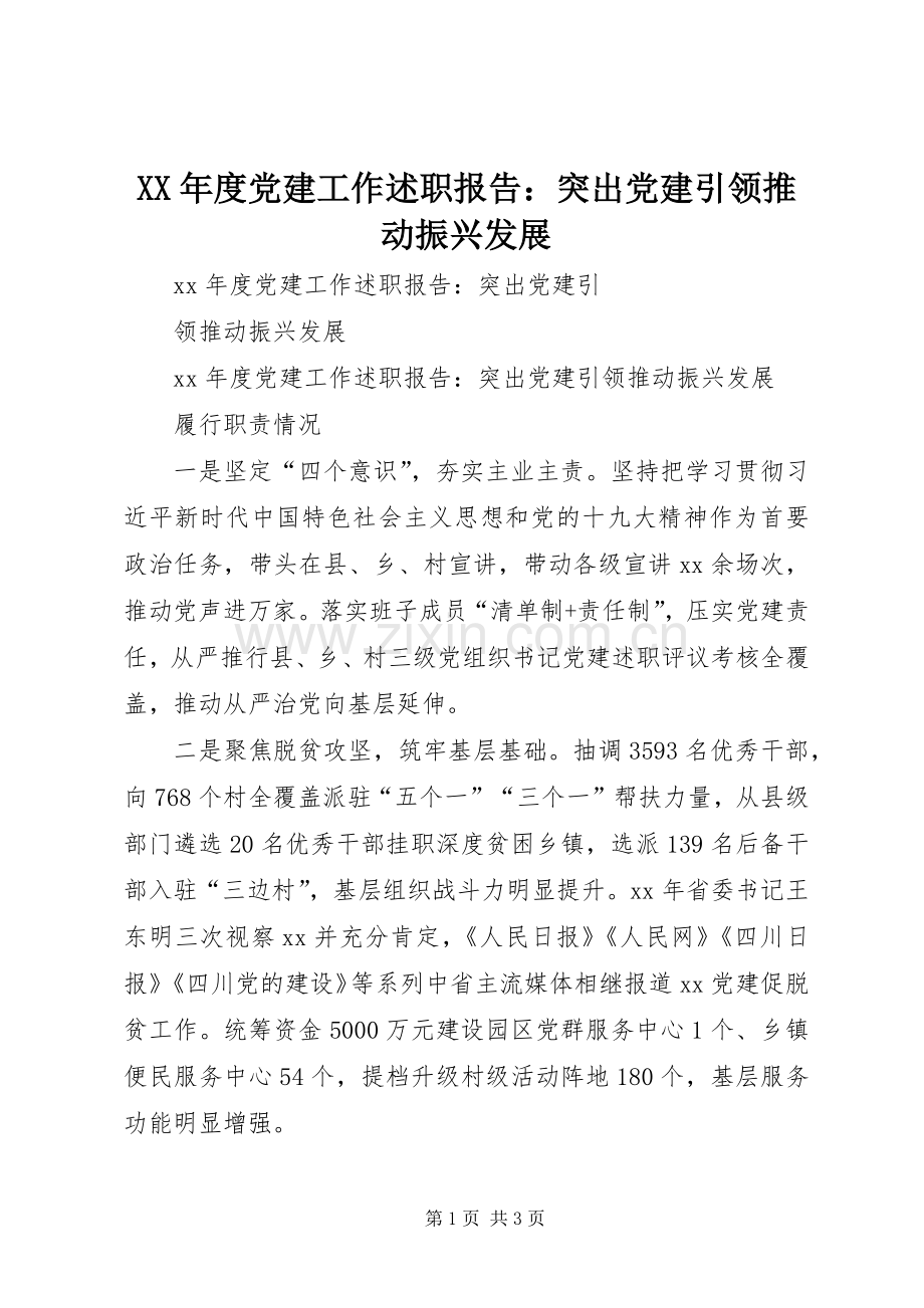XX年度党建工作述职报告：突出党建引领推动振兴发展.docx_第1页