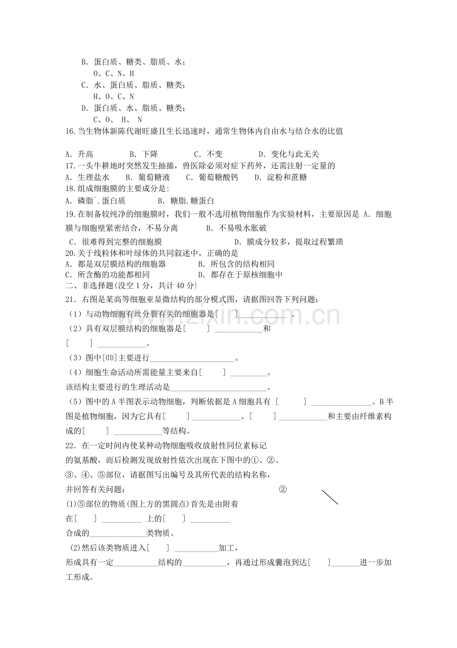 陕西省西安交大阳光20102011高一生物第一学期期中考试新人教版 .doc_第2页