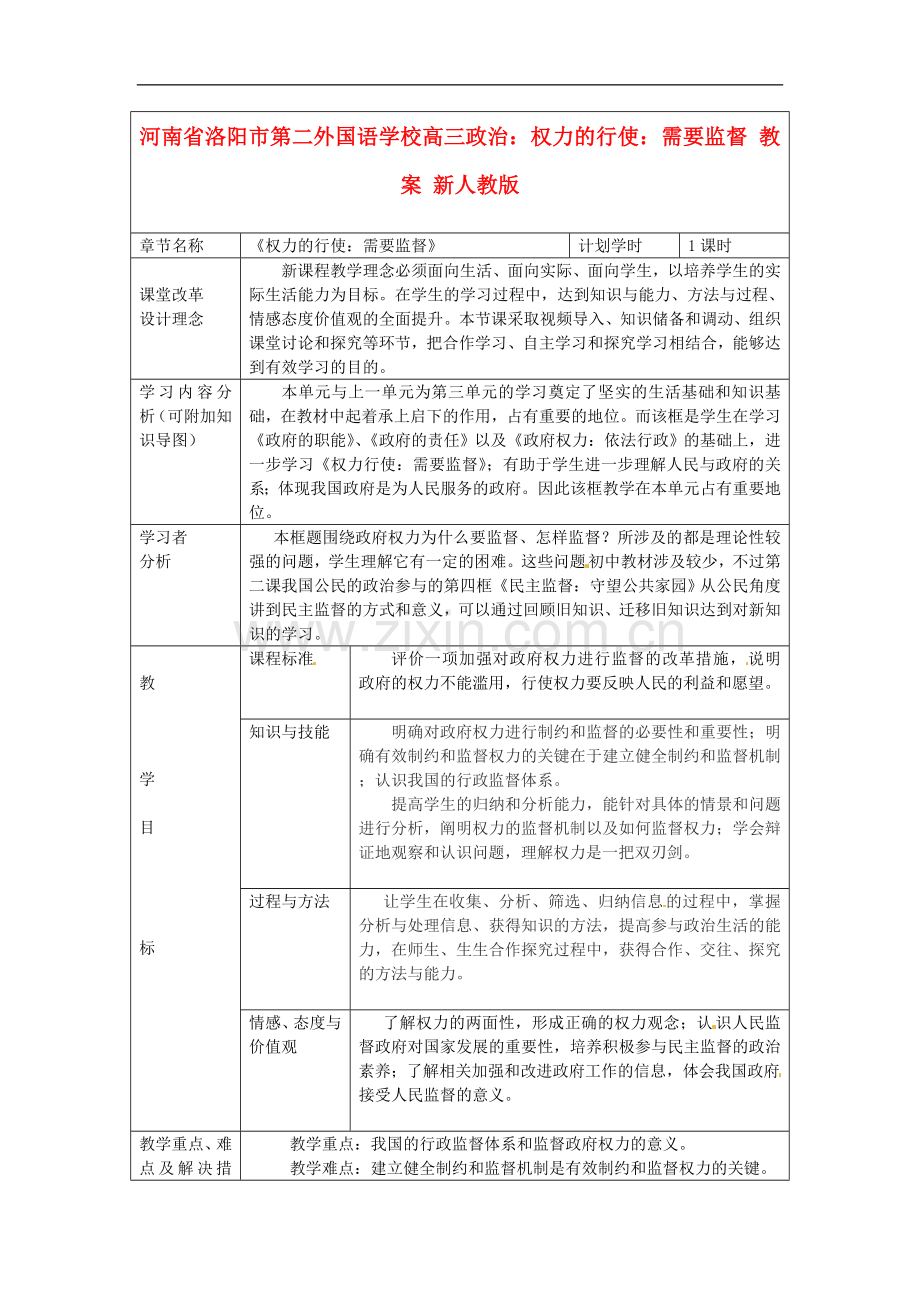 河南省洛阳市第二外国语学校高三政治-权力的行使：需要监督-教案-新人教版.doc_第1页