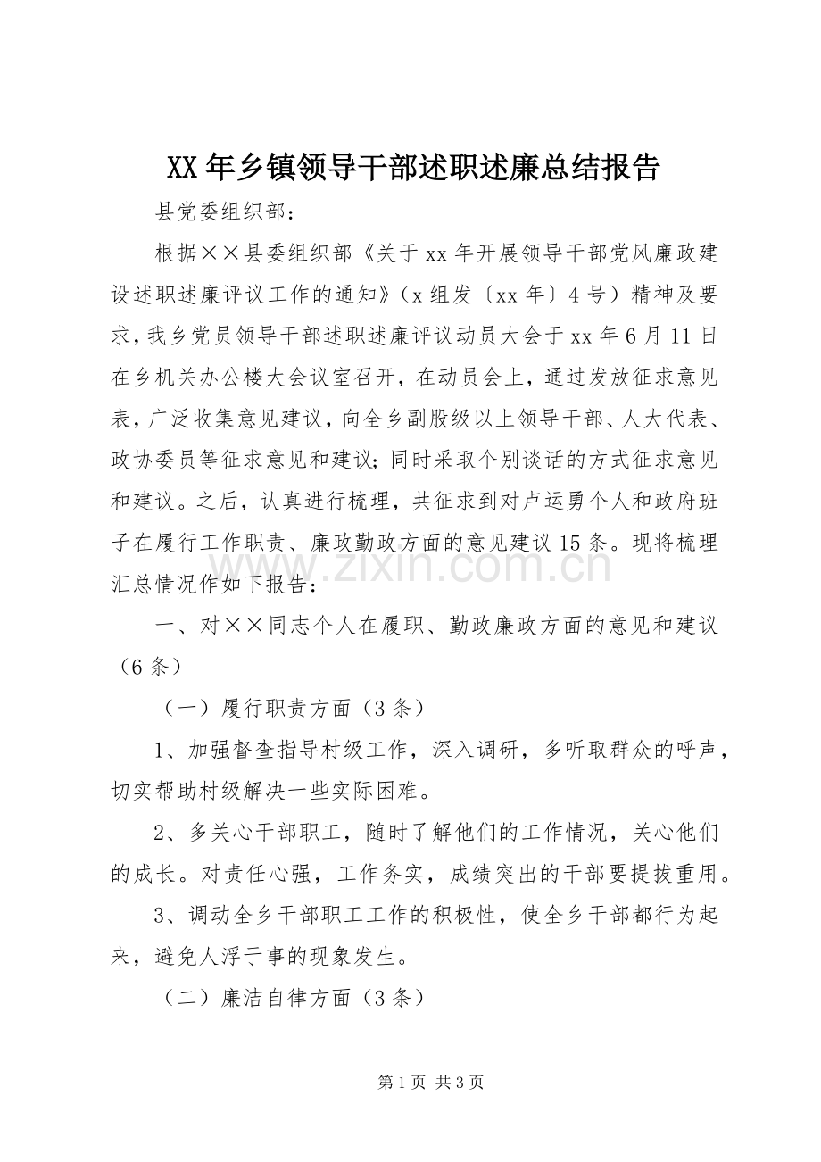 XX年乡镇领导干部述职述廉总结报告.docx_第1页