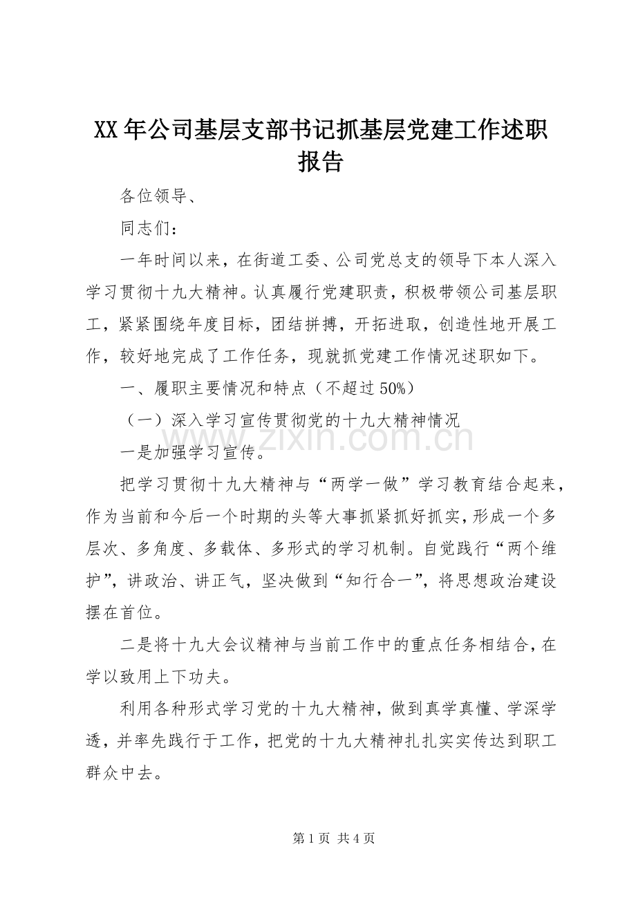 XX年公司基层支部书记抓基层党建工作述职报告.docx_第1页