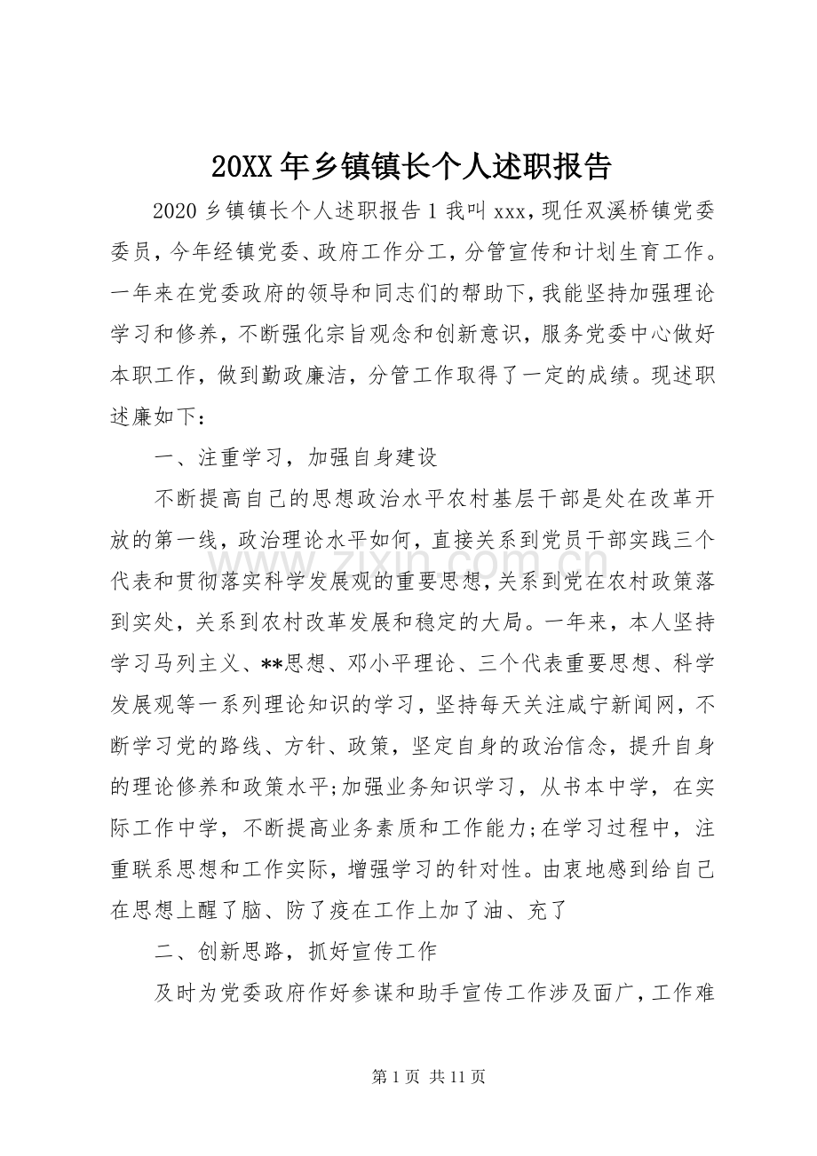 20XX年乡镇镇长个人述职报告.docx_第1页