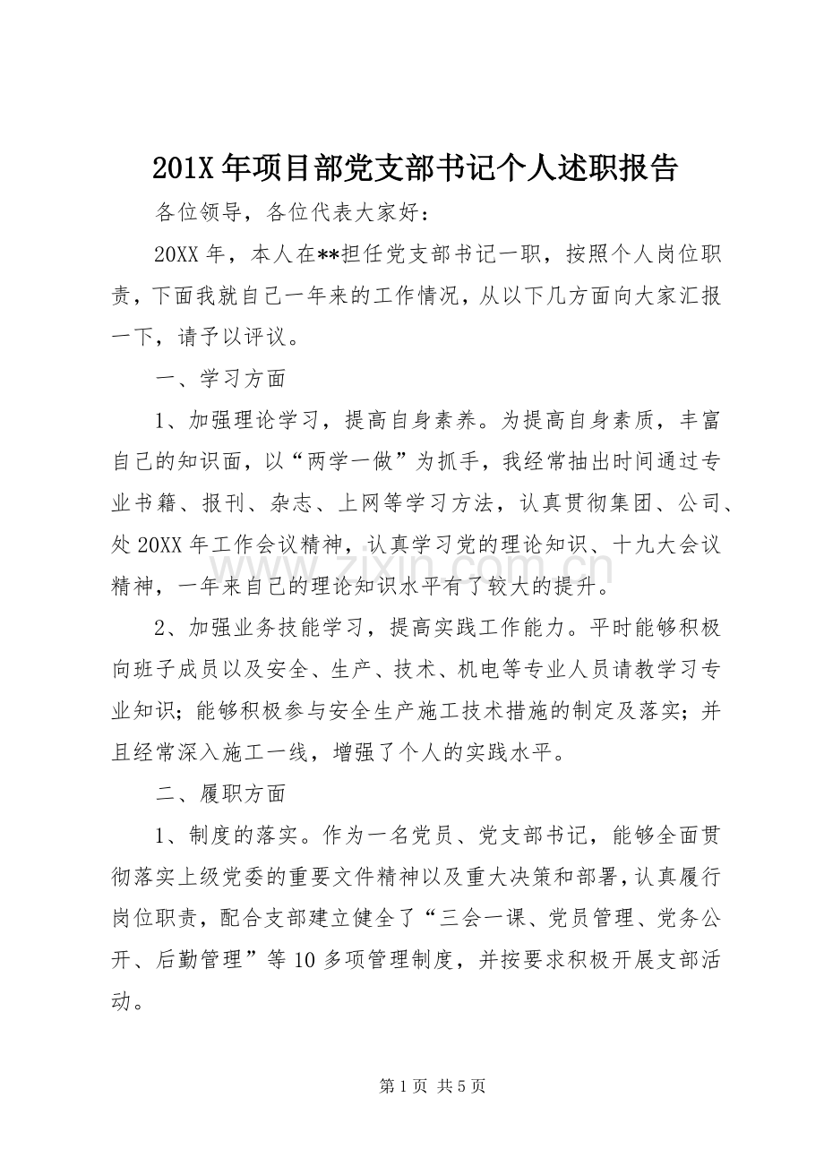 201X年项目部党支部书记个人述职报告.docx_第1页