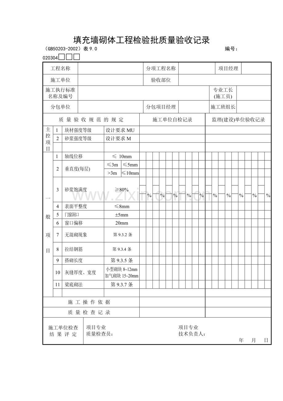 填充墙砌体工程检验批质量验收记录.docx_第1页