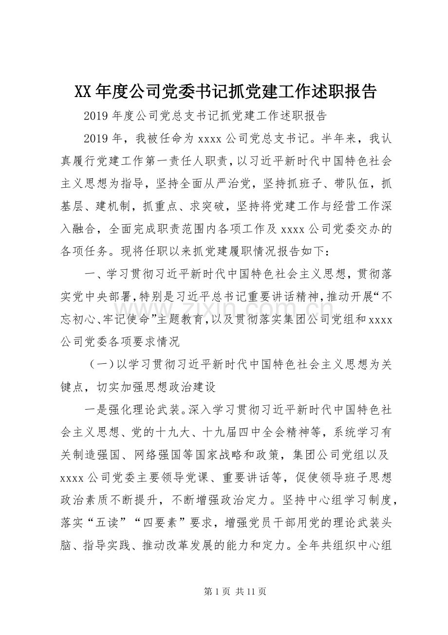 XX年度公司党委书记抓党建工作述职报告.docx_第1页