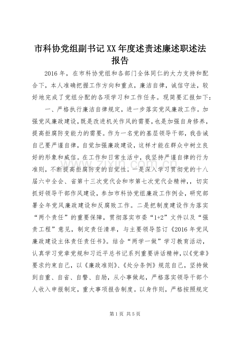 市科协党组副书记XX年度述责述廉述职述法报告.docx_第1页