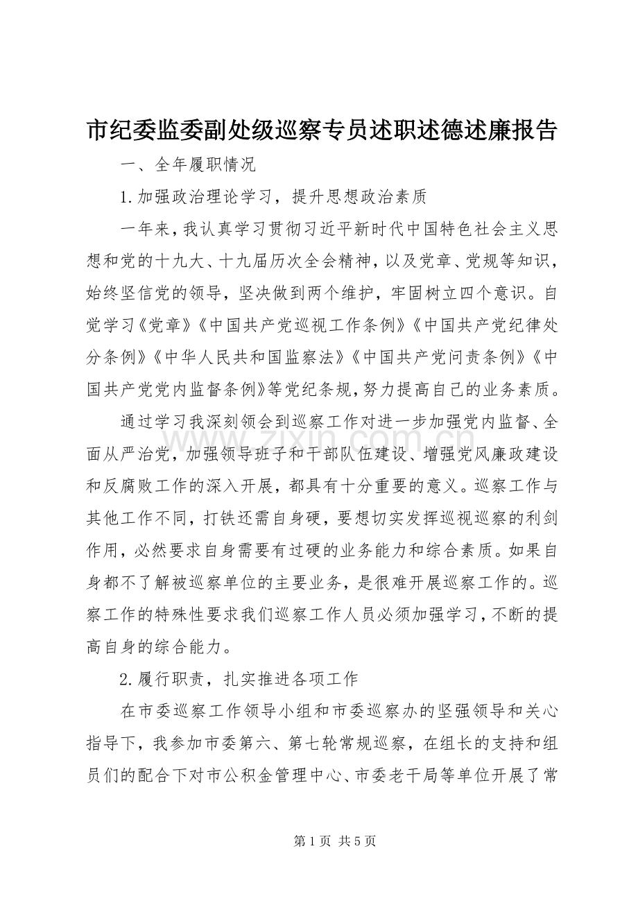 市纪委监委副处级巡察专员述职述德述廉报告.docx_第1页