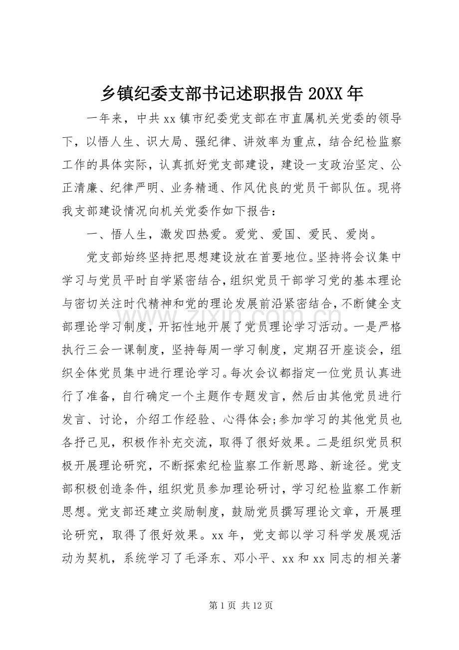 乡镇纪委支部书记述职报告20XX年.docx_第1页