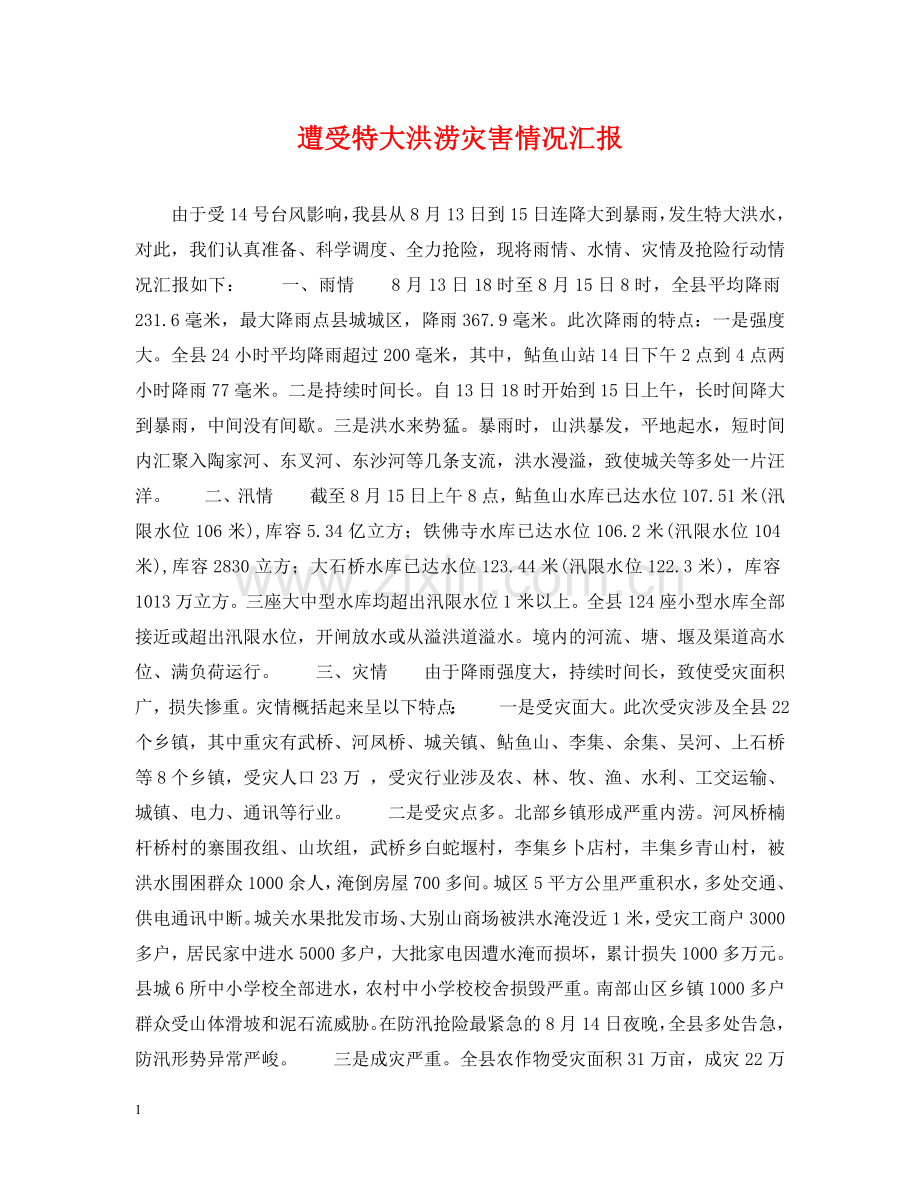 遭受特大洪涝灾害情况汇报 .doc_第1页