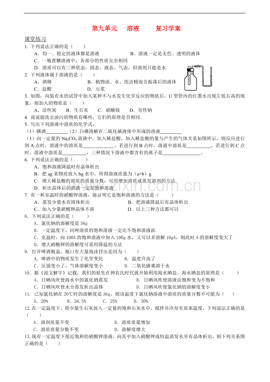 初中化学-第九单元-溶液第-复习练习(一)人教版.doc_第1页
