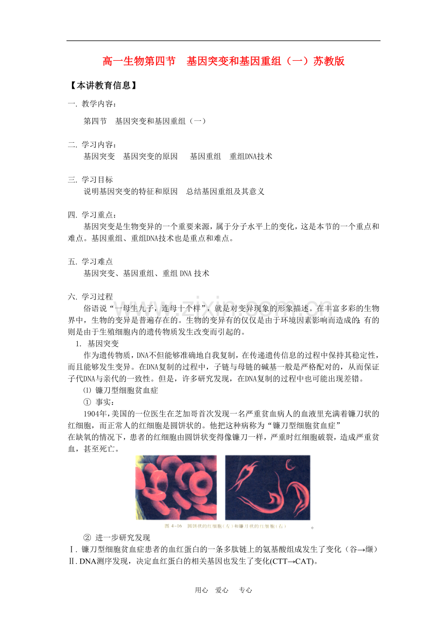 高一生物第四节--基因突变和基因重组(一)苏教版-知识精讲.doc_第1页