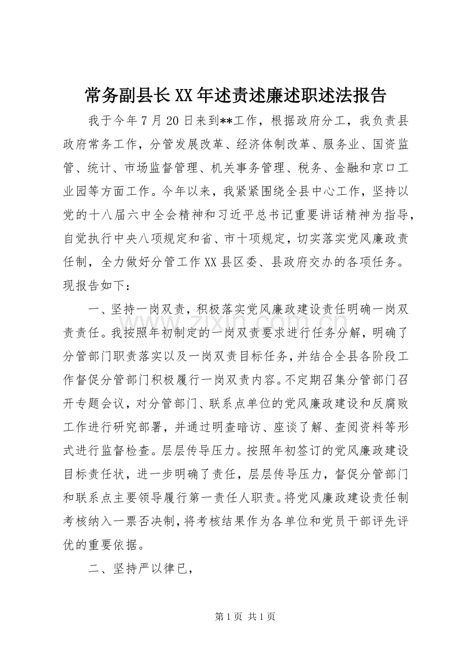 常务副县长XX年述责述廉述职述法报告.docx_第1页