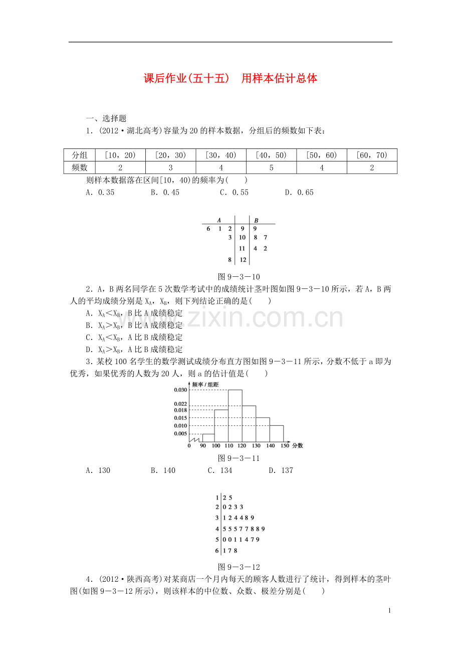 【课堂新坐标】(广东专用)2014高考数学一轮复习-课后作业(五十五)用样本估计总体-文.doc_第1页