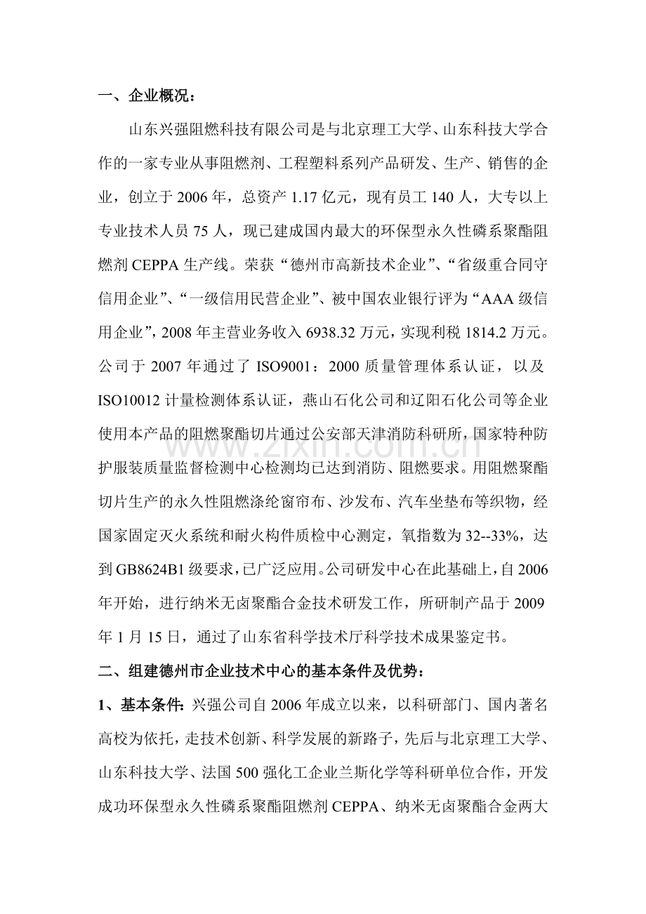 山东兴强阻燃科技有限公司企业技术中心申请书.docx_第1页