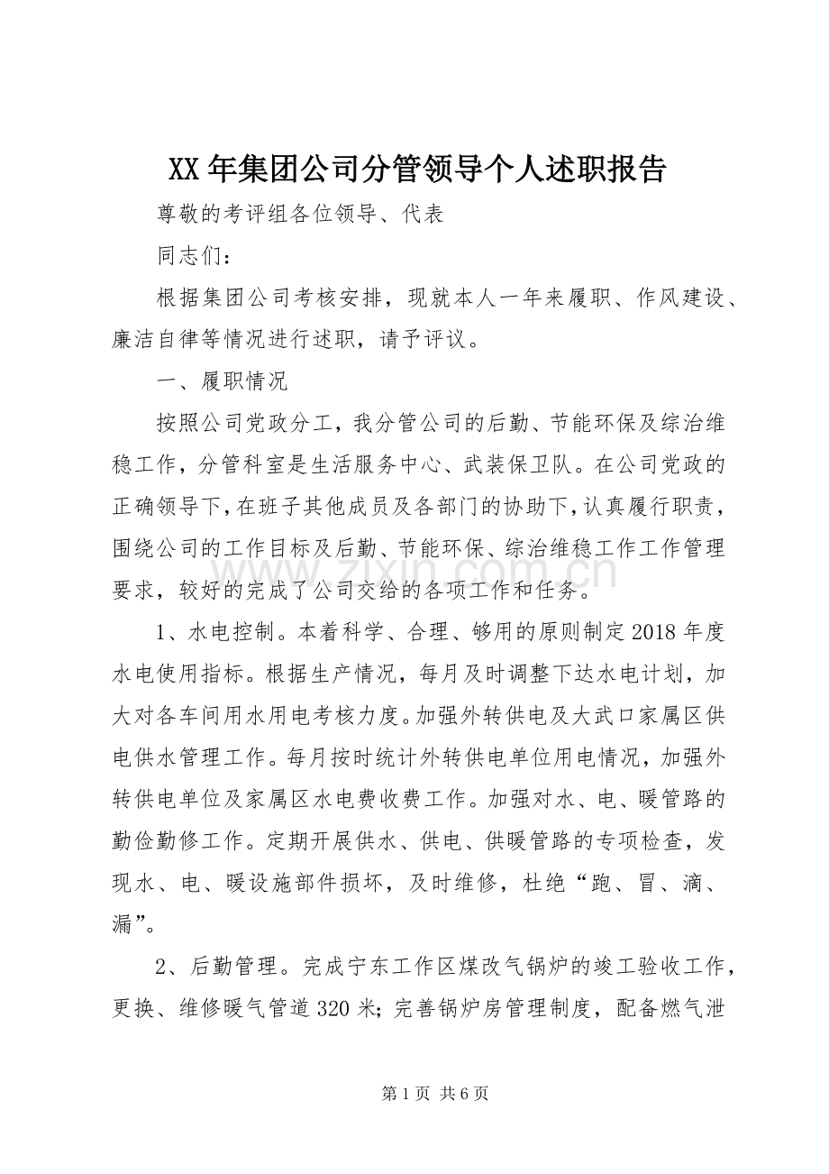 XX年集团公司分管领导个人述职报告.docx_第1页