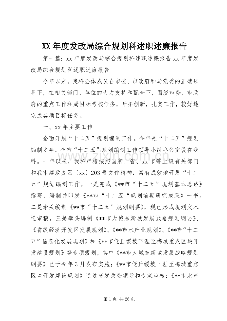 XX年度发改局综合规划科述职述廉报告.docx_第1页