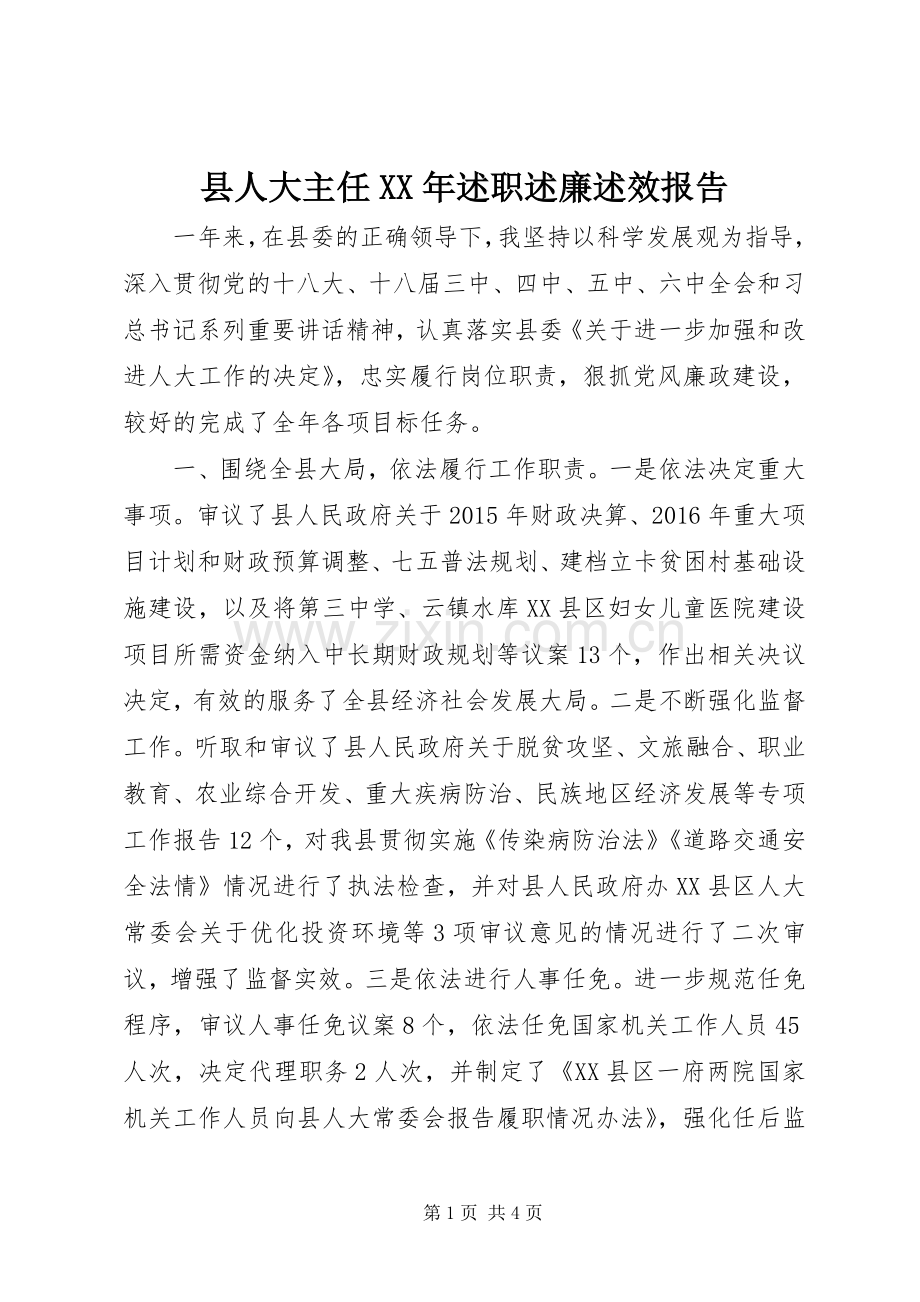 县人大主任XX年述职述廉述效报告.docx_第1页