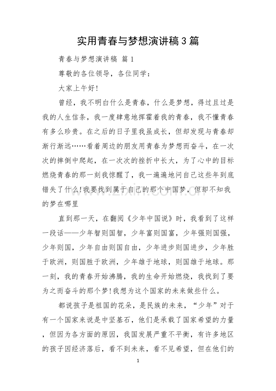 实用青春与梦想演讲稿3篇.docx_第1页